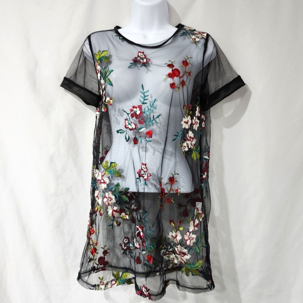 Black Floral Sheer‎ Rave Fairy Ethereal Top Size XS Whimsigoth Grunge Festival